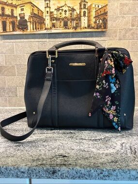 Steve Madden Black Satchel with Floral Scarf Accent.  B21